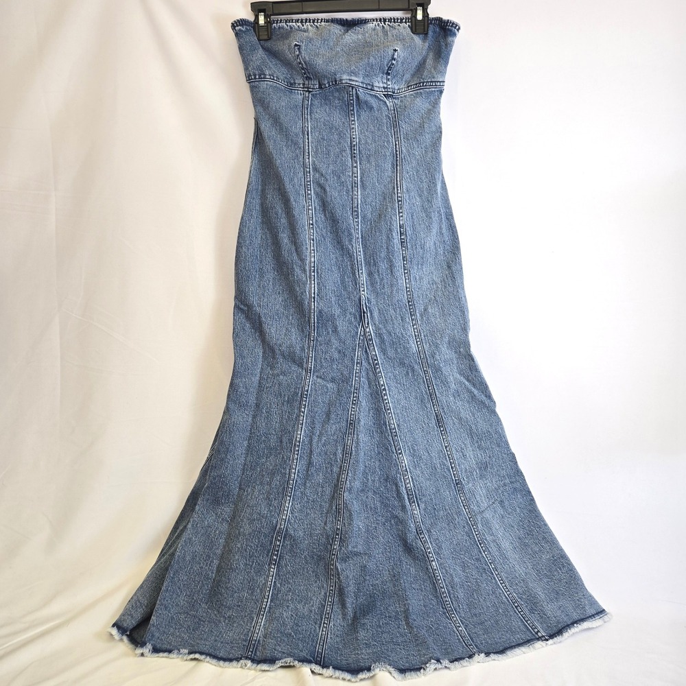 Pilcro Anthropologie Icon Fluted Strapless Denim Maxi Dress Blue Medium New $158